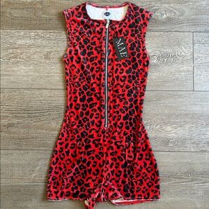 MAE The Memphis Playsuit Red & Black Velvet Leopard Print Romper w Belt Loops